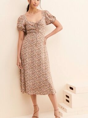ASTR the Label Anthropologie Lace Up Puff Sleeve Floral Midi Dress